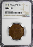 Palestine British Mandate Bronze 1945 2 Mils NGC MS61 BN SEMI-KEY DATE KM#2
