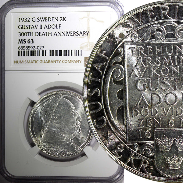 SWEDEN Silver 1932 G 2 Kronor NGC MS63 Death of Gustaf II Adolf BU KM# 805 (027)