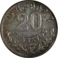 Mexico SECOND REPUBLIC Silver 1904 Cn H 20 Centavos Culiacan aUNC/UNC KM# 405(5)