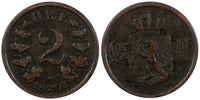 Norway Oscar II Bronze 1877 2 Ore Norwegian Lion BETTER DATE KM# 353 (20 837)
