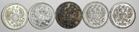 RUSSIA Nicholas II Silver LOT OF 5 COINS 1909,1910,1911,1912 10 KOPECKS Y#20a.3
