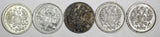 RUSSIA Nicholas II Silver LOT OF 5 COINS 1909,1910,1911,1912 10 KOPECKS Y#20a.3