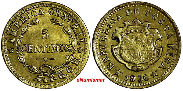 COSTA RICA Brass 1936 "GCR" Right of stars 5 Centimos UNC KM# 151 (15 278)
