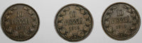 Finland under Russia Nicholas II Copper LOT OF 3 COINS 1910 10 Pennia KM# 14