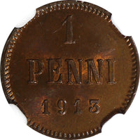 FINLAND Nicholas II Copper 1913 1 Penni NGC MS65 RB  KM# 13 (48)