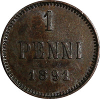 Finland Alexander III Copper 1891 1 Penni  KM# 10 (15 081)