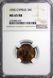 Cyprus Elizabeth II Bronze 1955 3 Mils NGC MS65 RB 1 YEAR TYPE KM# 33
