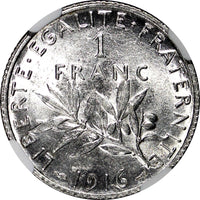 France Silver 1916 1 Franc NGC AU58 Paris Mint KM# 844.1 (039)