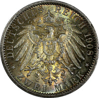 German States PRUSSIA Wilhelm II Silver 1908 A 2 Mark aUNC/UNC KM# 522 (45)