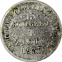 POLAND RUSSIA Nicholas I Silver 1837 MW 1 Zloty 15 Kopecks   C# 129