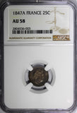 France Louis Philippe Silver 1847 A 25 Centimes NGC AU58 Nice Toned KM# 755.1(3)