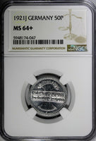 Germany,Weimar Republic 1921 J 50 Pfennig NGC MS64+ 1 GRADED HIGHER KM# 27 (7)