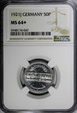 Germany,Weimar Republic 1921 J 50 Pfennig NGC MS64+ 1 GRADED HIGHER KM# 27 (7)