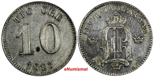 Sweden Oscar II Silver 1883 EB 10 Ore LOW MINTAGE RARE DATE KM# 755 (13 843)