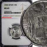 Spain Aluminum 1945 10 Centimos NGC MS63 WWII Issue NICE BU COIN  KM# 766 (079)