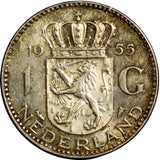 Netherlands Juliana I Silver 1955 1 Gulden 25mm KM# 184 (6368)