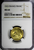 FRANCE Aluminum-Bronze 1923 1 Franc NGC MS64 GAD-468 KM# 876 (062)