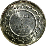 Tunisia Ali Bey Silver 1308 (1891) A 1 Franc UNC Light Toning KM# 224