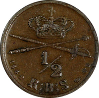 Denmark Christian VIII Copper 1842 FK//VS 1/2 Rigsbankskilling KM# 725 (17 394)