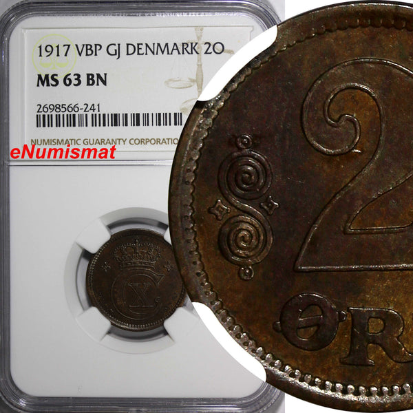 Denmark Christian X Bronze 1917 VBP GJ 2 Ore NGC MS63 BN SCARCE KM# 813.1  (241)