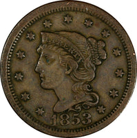 US Copper 1853 Braided Hair Large Cent 1 c. (17 100)