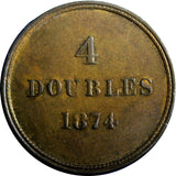 Guernsey Bronze 1874 4 Doubles aUNC Condition Toning Low Mintage-69,000 KM# 5(6)