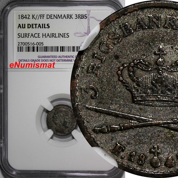 Denmark Christian VIII Silver 1842 K/FF 3 Rigsbankskilling NGC AU DET. KM#729(5)