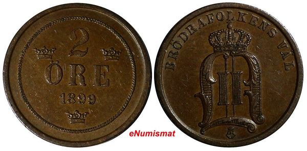 Sweden Oscar II Bronze 1899 EB 2 Ore Large Letters XF+ KM# 746 (14 354)