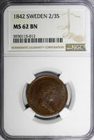 Sweden Carl XIV Johan Copper 1842 2/3 Skilling NGC MS62 BN KM# 641 (012)