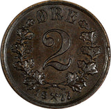 Norway Oscar II Bronze 1877 2 Ore Norwegian Lion BETTER DATE KM# 353