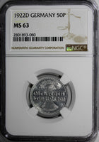 Germany, Weimar Republic Aluminum 1922 D 50 Pfennig NGC MS63 KM# 27 (080)
