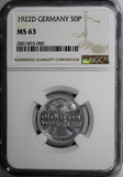 Germany, Weimar Republic Aluminum 1922 D 50 Pfennig NGC MS63 KM# 27 (080)