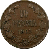 Finland Nicholas II Copper 1905 10 Penniä Mintage-500,000 KM# 14 (20 894)