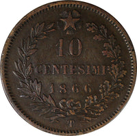 Italy Vittorio Emanuele II Copper 1866 T 10 Centesimi Turin Mint KM# 11.6 (328)