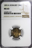 Dominican Republic Silver 1891 A 50 Centesimos NGC MS63 SCARCE NICE TONED KM# 10