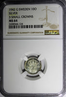 SWEDEN Gustaf V Silver 1942-G 10 Ore NGC MS64 3 Small Crowns WWII Issue KM780(4)