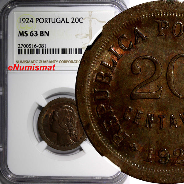 Portugal Bronze 1924 20 Centavos NGC MS63 BN 2 YEAR TYPE  KM# 574 (081)