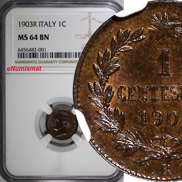Italy Vittorio Emanuele III 1903 R 1 Centesimo NGC MS64 BN 1 GRADED HIGH KM# 35.