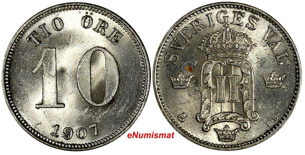 Sweden Oscar II Silver 1907 EB 10 Ore 1 Year Type UNC KM# 774 (15 699)