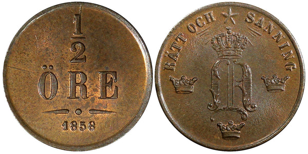 Sweden Oscar I Bronze 1858 1/2 Ore RED-BROWN UNC KM# 686 (21 888)