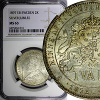 SWEDEN Silver Jubilee Oscar II 1897 EB 2 Kronor NGC MS63 NICE TONED KM# 762 (16)