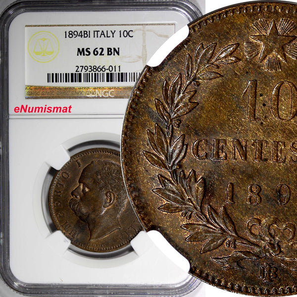 Italy Copper Umberto I 1894 BI 10 Centesimi NGC MS62 BN  KM# 27.1 (011)