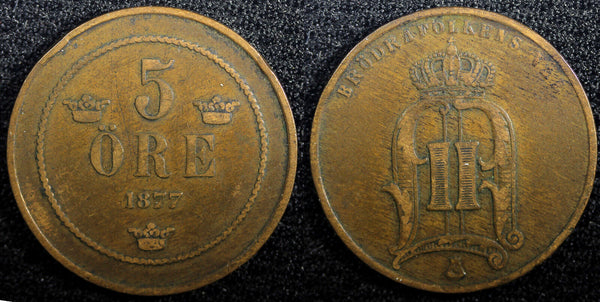 Sweden Oscar II Bronze 1877 5 Ore Mintage-514,000 SCARCE DATE KM# 736 (23 172)
