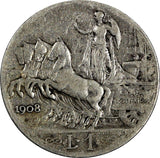 Italy Vittorio Emanuele III Silver 1908 R 1 Lira 1st Year RARE DATE KM# 45 (350)