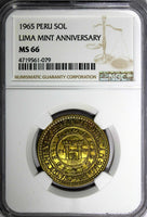 PERU Brass 1965 1 Sol NGC MS66 400th Anniversary of the Lima Mint KM# 240 (079)