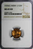 India-British George V Bronze 1935 (C) 1/12 Anna NGC MS65 RD FULL RED KM# 509(5)