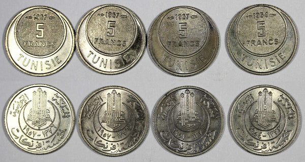 Tunisia Copper-Nickel LOT OF 4 COINS 1954-1957 5 Francs UNC/BU KM# 277 (20 802)