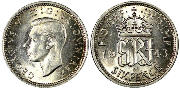 Great Britain George VI Silver 1943 6 Pence WWII Issue Unc KM# 852 (21 100)