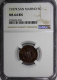 San Marino Bronze 1937 R 5 Centesimi NGC MS64 BN KEY DATE TOP GRADED KM# 12 (50)