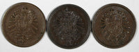 Germany - Empire Wilhelm I Copper LOT OF 3 COINS 1875 A,B,G 1 Pfennig  KM# 1 (5)
